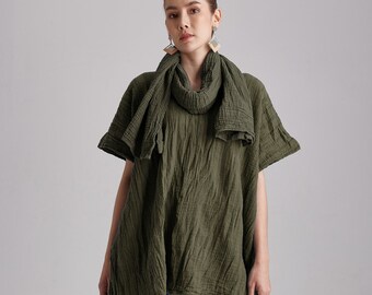NO.246 Women's Striped Kaftan Top, Minimalist Loose Caftan, Short Sleeve Loungewear Kaftan, Boxy Top in Olive