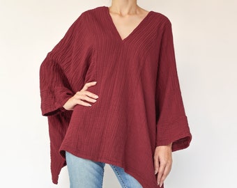 NO.276 Women's V Neck Kaftan Top, Loose Casual Summer Top, Natural Fiber Flexible Cotton Beachwear Caftan in Red