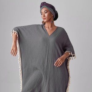 NO.287 Women&#39;s Fringe Trimmed Kaftan, Resort Dress, Boho Caftan Dress, Natural Fiber Flexible Cotton Kaftan in Bluish Gray