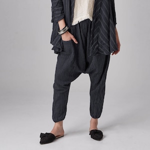 NO.239 Women&#39;s Striped Harem Pants, Boho Drop Crotch Pants, Casual Yoga Pants, Natural Fiber Flexible Cotton Unisex Pants in Black