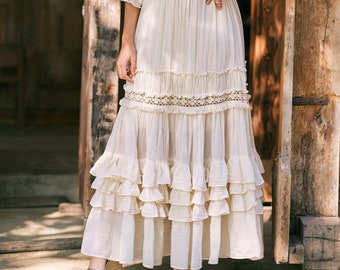 NEW---NO.323-2 Women's Lace Insert Ruffle Hem Long Skirt, Boho Maxi Skirt, Elastic Waist Flare Swing A-Line Skirt in Cream