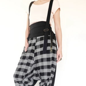 NO.254-1 Women's Plaid Suspender Harem Pants, Drop Crotch Joggers, Urban Fashion, Unisex Pants in Gray