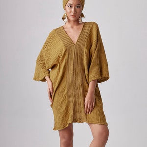 NO.238 Women's Three Quarter Sleeve Vertical Striped Detail V-Neck Kaftan, Cover Up Caftan, Natural Fiber Flexible Cotton Dress in Mustard