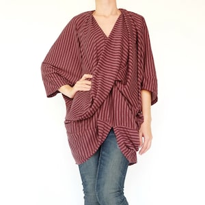 NO.250 Women&#39;s Drape Front Top, Striped Asymmetric Blouse in Red