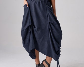 NO.299 Women's Exposed-Seam Detail Asymmetrical Skirt, Drawstring Detail Midi A-Line Skirt in Blue