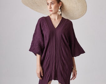 NO.238 Women's Three Quarter Sleeve Vertical Striped Detail V-Neck Kaftan, Cover Up Caftan, Natural Fiber Flexible Cotton Dress in Purple