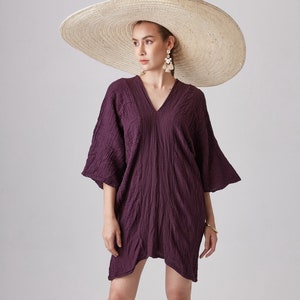 NO.238 Women&#39;s Three Quarter Sleeve Vertical Striped Detail V-Neck Kaftan, Cover Up Caftan, Natural Fiber Flexible Cotton Dress in Purple