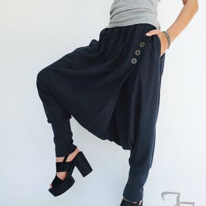 NO.167 Women&#39;s Button Detail Drop Crotch Harem Pants, Cross Front Trousers, Unisex Pants in Blue