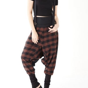 NO.254-1 Women's Plaid Suspender Harem Pants, Drop Crotch Joggers, Urban Fashion, Unisex Pants in Brown