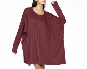 NO.62 Women's Scoop Neck Long Sleeve Tunic Top, Loose Fit Tshirt in Red