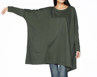 NO.62 Women's Scoop Neck Long Sleeve Tunic Top, Loose Fit Tshirt in Olive