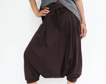 NO.184 Women's Pleated Front Drop Crotch Harem Pants, Low Crotch Trousers, Casual Harem Shorts in Brown