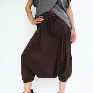 NO.184 Women's Pleated Front Drop Crotch Harem Pants, Low Crotch Trousers, Casual Harem Shorts in Brown