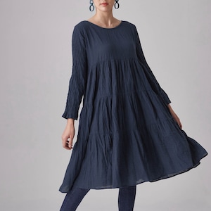 NO.292 Women's Tiered Babydoll Dress, Long Sleeve Midi Peasant Dress in Blue