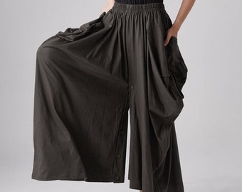NO.175 Women's Large Patch Pocket Skirt/Pants, Button Detail Long Maxi Skirt, Comfy Casual Convertible Skirt in Charcoal
