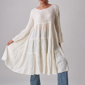 NO.292 Women's Tiered Babydoll Dress, Long Sleeve Midi Peasant Dress in Cream