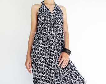 NO.223 Women's Geometric Print Loose Jumpsuit, Ladies Summer Beach Overalls, Dark Blue and White Playsuit