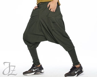 NO.95 Men's Harem Pants with Pockets, Trendy Drop Crotch Joggers, Unisex Urban Pants, Low Crotch Pants in Olive