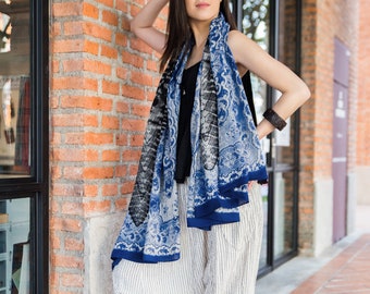 NO.235 Women’s Lace Printed Shawl, Tie-Dyed Scarf, Sarong Cover Up in Blue, Black and Cream