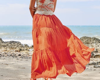 NO.5 Women's Hippie Gypsy Boho Tiered Peasant Long Maxi Skirt in Orange