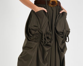 NO.123 Women's Large Patch Pocket Maxi Skirt, Long Maxi Skirt With Pockets, Comfy Casual Convertible Skirt in Olive