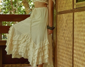 NO.304 Women's Asymmetrical Ruffle Hem Skirt, Cotton A-line Skirt, Tiered Ruffle Hem Skirt in Cream