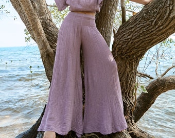 NO.290 Women's Smocked Waist Wide Leg Pants, Casual Yoga Natural Fiber Flexible Pants in Lilac