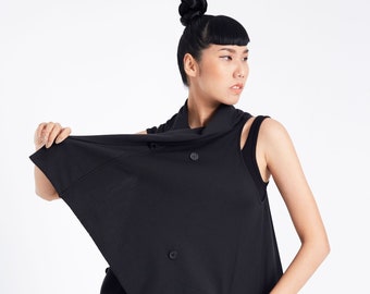 NO.225 Women’s Stylish Asymmetrical Vest, Layering Vest, Urban Vest in Black