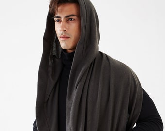 NO.128 Men’s Hooded Vest, Buttons Front Shawl, Cowl Hood, Convertible Scarf, Hood Scarf With Pockets in Dark Gray