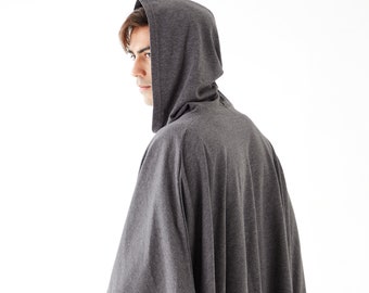 NO.163 Men's Button Front Hooded Poncho, Comfy Versatile Cape in Mottled Gray