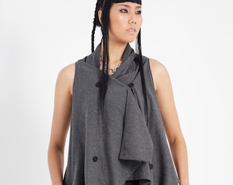 NO.225 Women’s Stylish Asymmetrical Vest, Layering Vest, Urban Vest in Mottled Gray