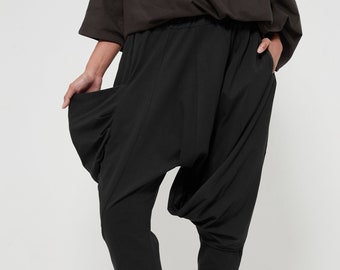 NO.193 Women's Draped Front Harem Pants, Trendy Drop Crotch Trousers, Casual Pull-On Pants in Black