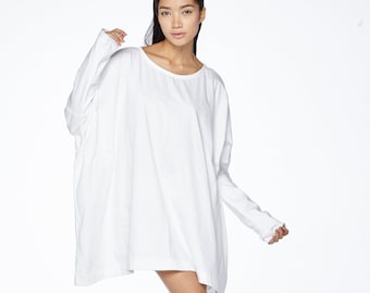 NO.62 Women's Scoop Neck Long Sleeve Tunic Top, Boxy Tunic, Loose Fit Tshirt in White