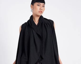NO.318 Women's Circle Waterfall Draped Vest, Sleeveless Open Front Vest, Casual Front Wrap Vest in Black