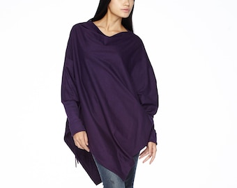 NO.59 Women's Cowl Neck Batwing Long Sleeve Asymmetrical Hem Sweater, Minimalist Clothing, Trendy Sweater Pullover in Purple