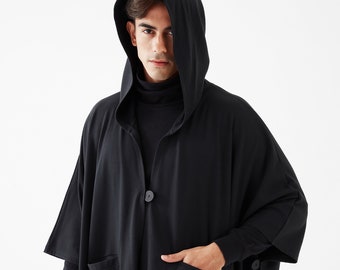 NO.163 Men's Button Front Hooded Poncho, Comfy Versatile Cape in Black