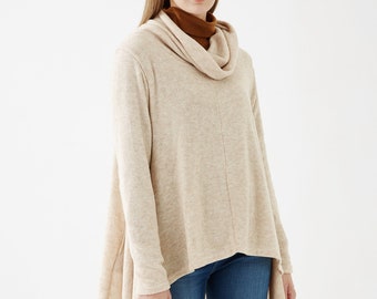 NO.189 Women's Cowl Neck Long Sleeve Knitted Sweater, Asymmetrical Sweater in Beige