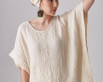 NO.246 Women's Minimalist Loose Kaftan Top, Short Sleeve Loungewear Caftan Natural Fiber Flexible in Cream