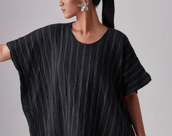 NO.246 Women's Striped Kaftan Top, Minimalist Loose Caftan, Short Sleeve Loungewear Kaftan, Boxy Top in Black