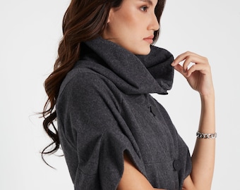 NO.85 Women&#39;s Stand Collar Short Sleeve Cropped Jacket, Button-Front Cocoon Jacket in Mottled Gray