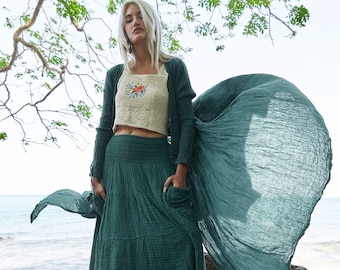 NO.240 Women's Smocked Waist Peasant Midi Skirt, Tiered Pocket Skirt, Natural Fiber Flexible Cotton Boho Skirt in Teal Green