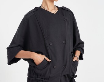 NO.78 Women&#39;s Military Style Double Breasted Buttons 3/4 Sleeve Jacket in Black