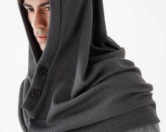 NO.97 Men's Hoodie Scarf, Hooded Cowl Buttons, Hooded Neck Warmer, Unisex Hoody Scarf in Gray