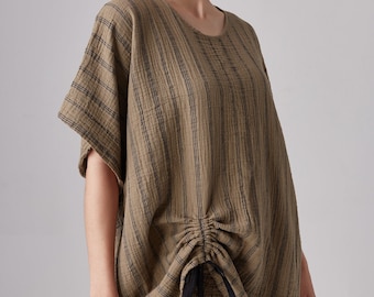 NO.262 Women's Striped Drawstring Front Kaftan Top, Minimalist Loose Caftan, Short Sleeve Loungewear Kaftan in Khaki