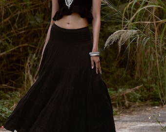 NO.305 Damen Smoked Taille Maxi Rock, Gestufter Bauer Maxi Rock, Naturfaser Flexible Baumwolle Boho Rock in Schwarz