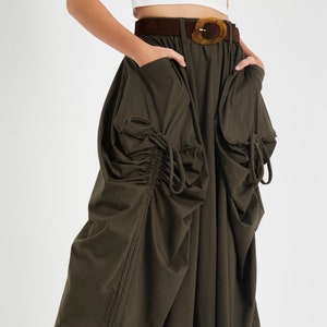 NO.123 Women&#39;s Large Patch Pocket Maxi Skirt, Long Maxi Skirt With Pockets, Comfy Casual Convertible Skirt in Olive