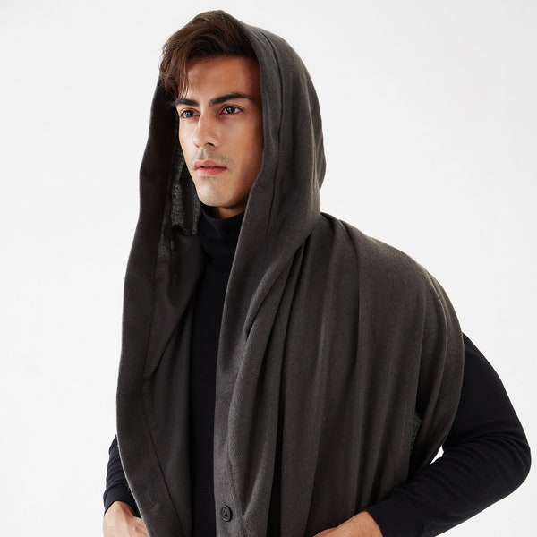 NO.128 Men’s Hooded Vest, Buttons Front Shawl, Cowl Hood, Convertible Scarf, Hood Scarf With Pockets in Dark Gray