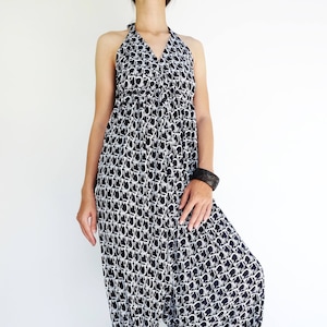 NO.223 Women&#39;s Geometric Print Loose Jumpsuit, Ladies Summer Beach Overalls, Dark Blue and White Playsuit