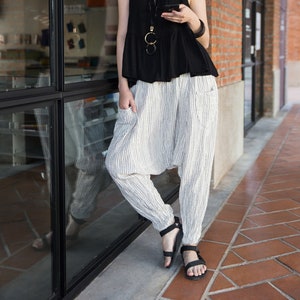 NO.239 Women&#39;s Striped Harem Pants, Boho Drop Crotch Pants, Casual Yoga Pants, Natural Fiber Flexible Cotton Unisex Pants in White