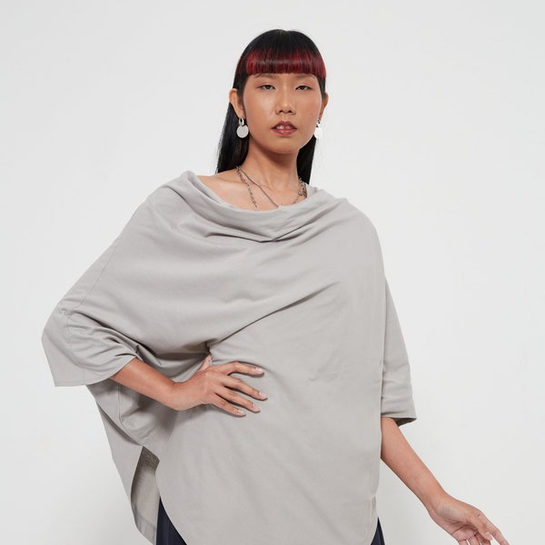 NO.63 Women's Cowl Neck Short Sleeve Top, Minimalist Clothing, Loose Asymmetrical Shirt in Gray